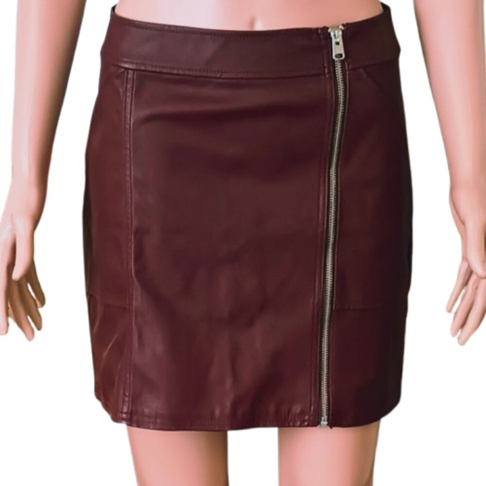 Express Faux Leather Mini Skirt 4 Burgundy Zip Front Side Pockets
